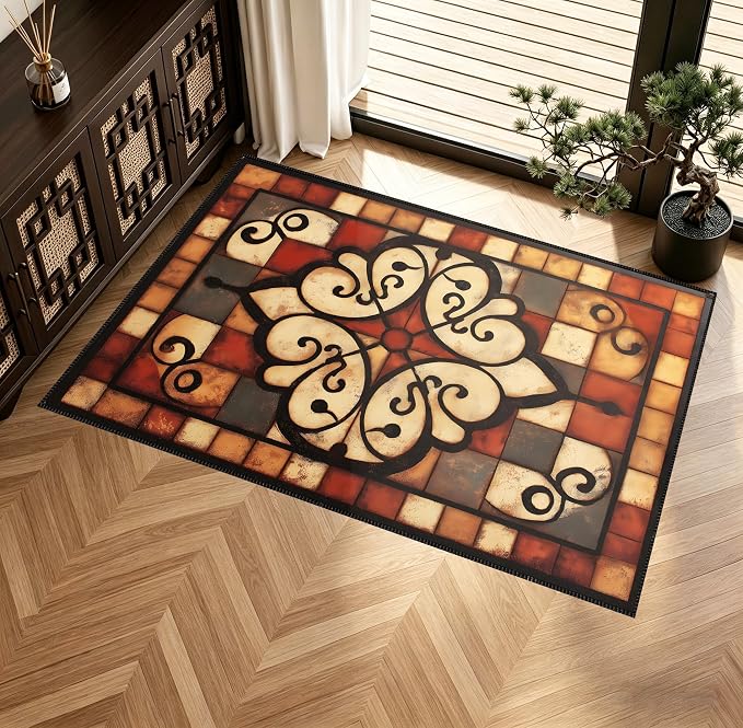 Vintage Tile Faux Cashmere Non-Slip Rug 15.7x23.6 Inches, Washable Low Pile by KKYEJLQYI