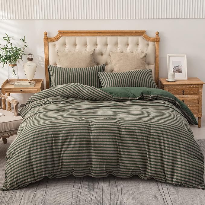 PURE ERA Forest Green Stripe Jersey Duvet Cover Set King Size 100% T-Shirt - Image 6