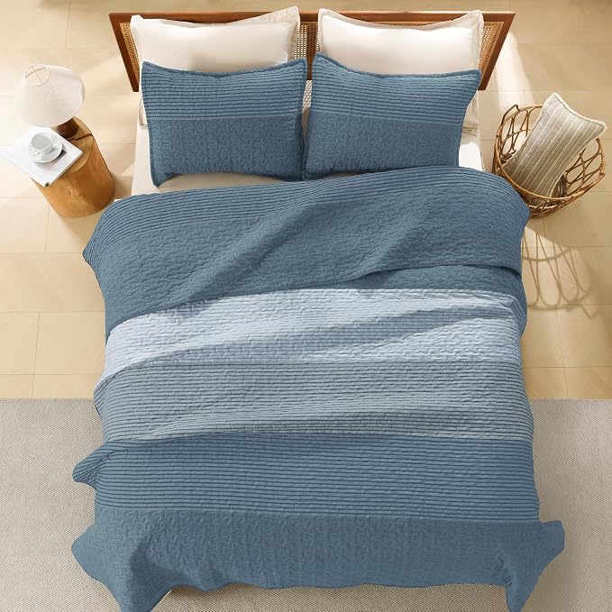 Litanika Oversized King Quilt Set Blue Linen, 120x120 Stripe Bedspread Coverlet - Image 3