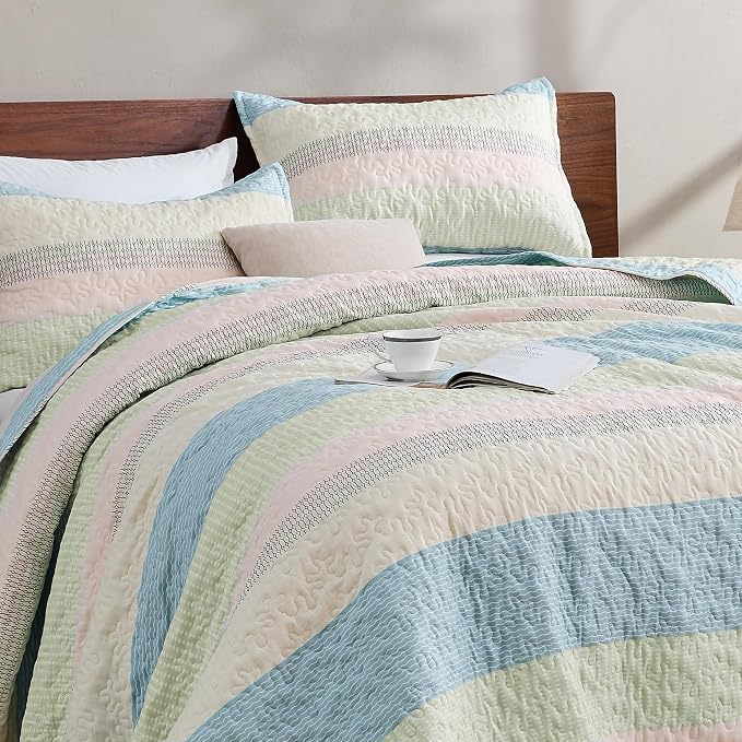 Andency Queen Quilt Bedding Set Blue Pink, 3 Pieces Patchwork Summer Striped - Image 9