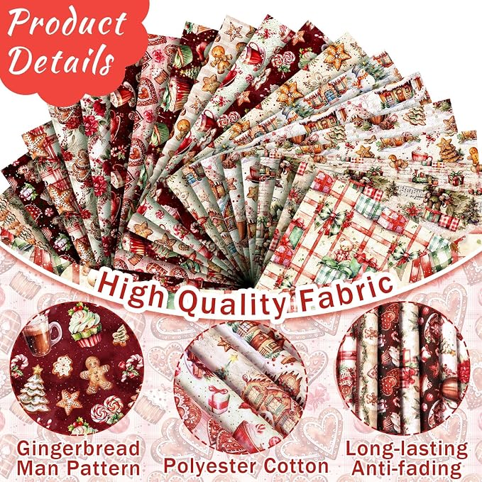 HunnmingRe 20 Pcs 10''x10'' Christmas Gingerbread Man Quilting Fabric Square - Image 3