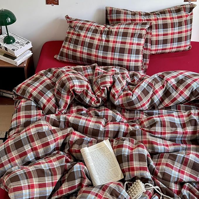 mixinni Vintage Red & Brown Buffalo Plaid Duvet Cover Set Queen Size by mixinni