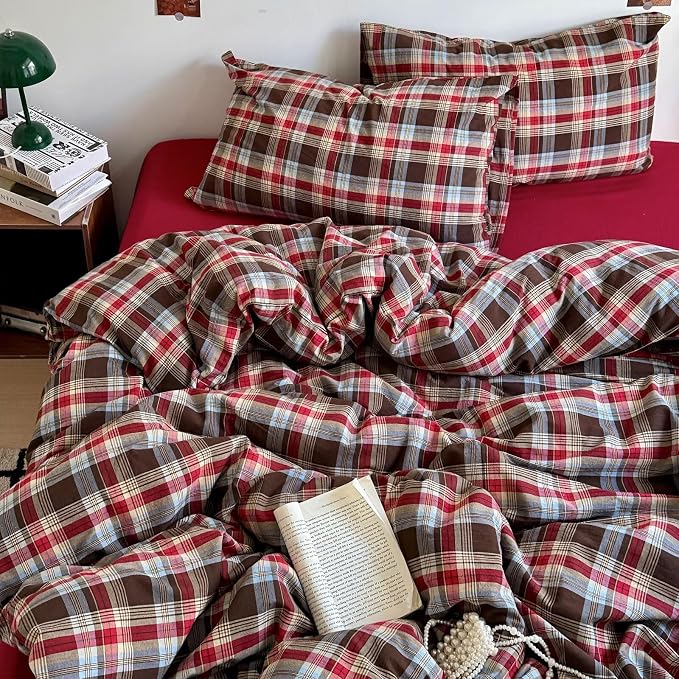 mixinni Vintage Red & Brown Buffalo Plaid Duvet Cover Set Twin Size by mixinni