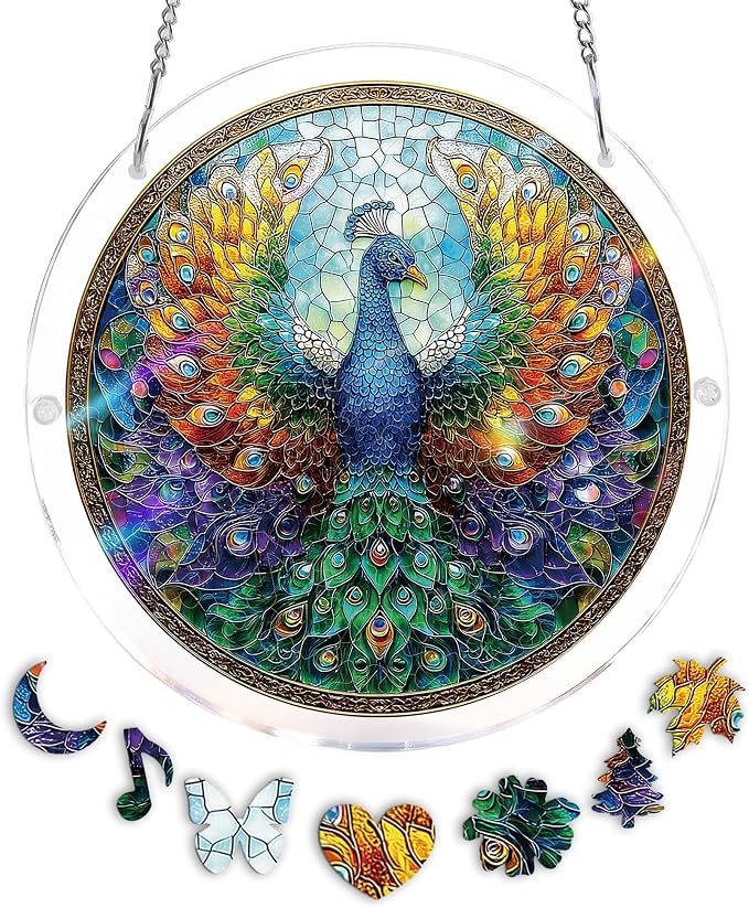 Acrylic Puzzle Suncatcher, Peacock Rainbow Feathers Sun Catcher by Unknown