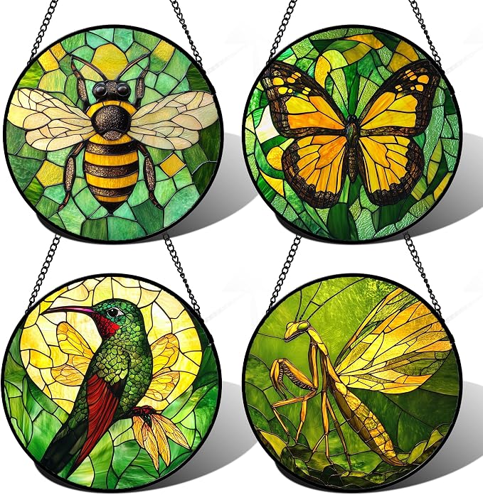 DASTOLL Stained Glass Window Hanging 4 Pcs Set Green Plants Yellow Insect Theme by DASTOLL