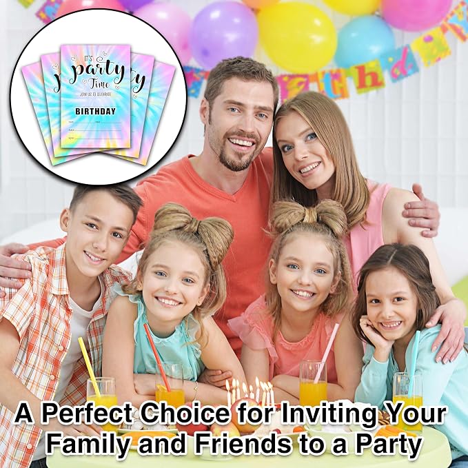 Tie Dye Theme Birthday Invitations, 25 Double-Sided It's Party Time Invitation - Image 4