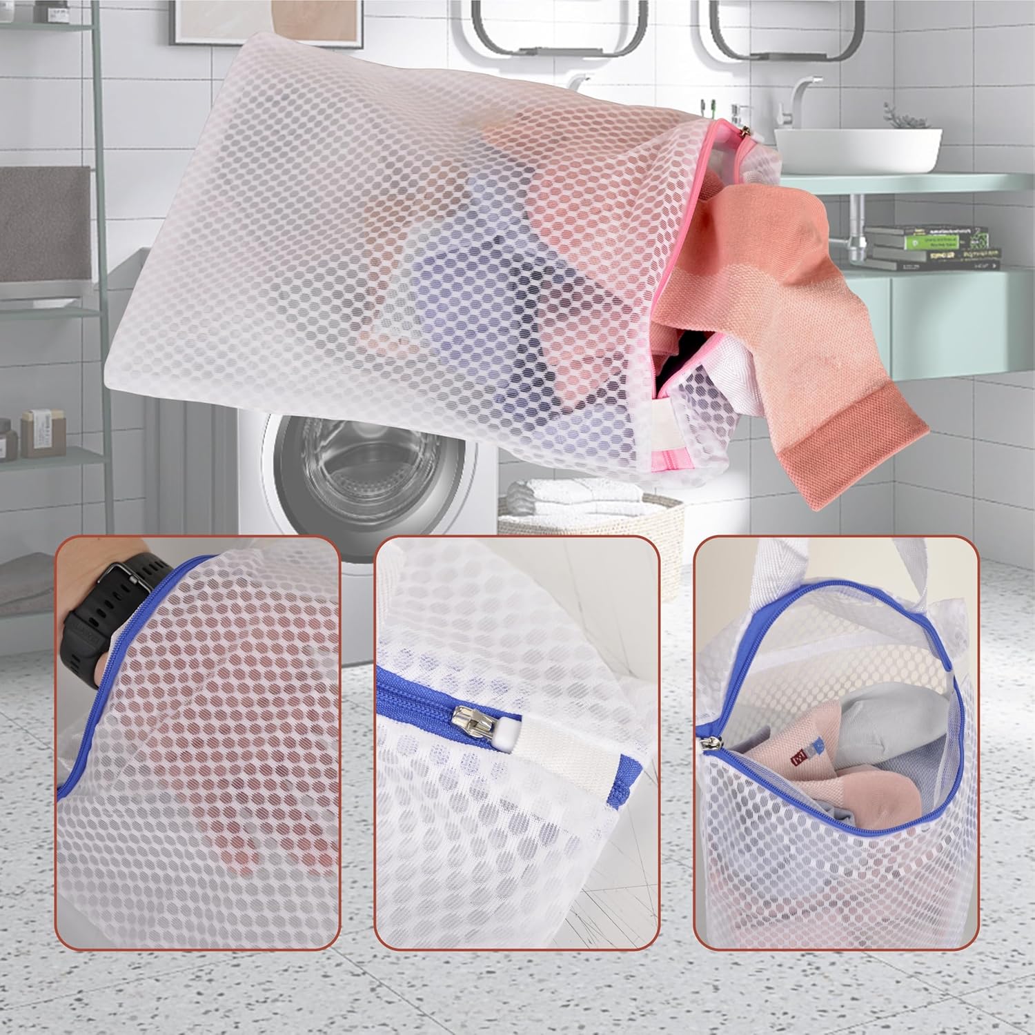 3 Pack Hanging Mesh Laundry Bags with S Metal Hooks,10x12 Inch Hanging Socks Laundry Bags, for Washing Machine
