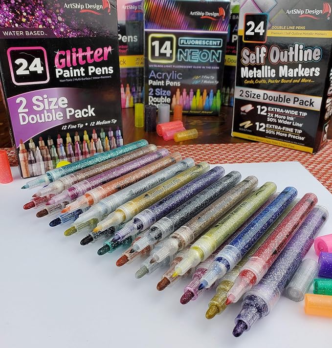 ArtShip Design 24 Glitter Paint Pens, Double Pack of Both Extra Fine and Medium - Image 2