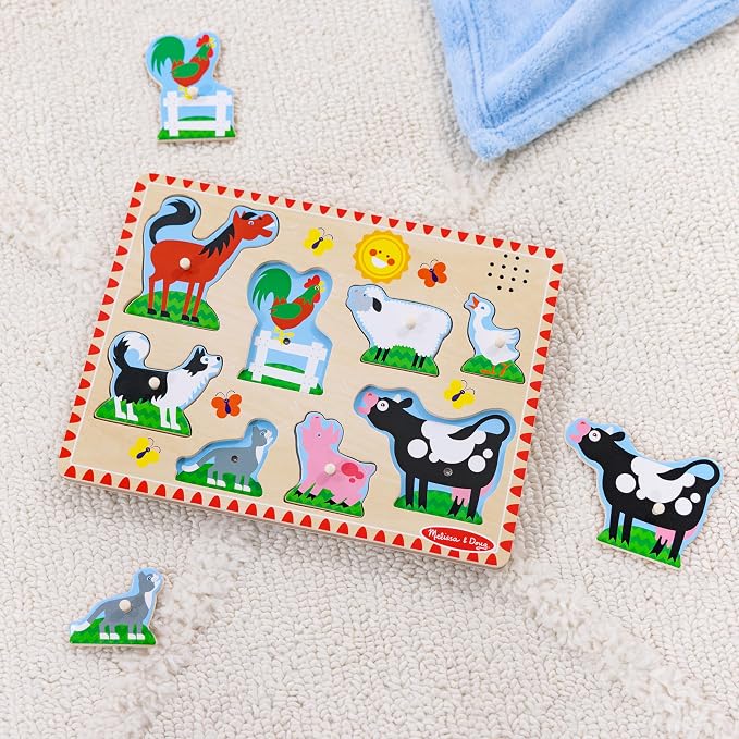 Melissa & Doug Farm Animals Sound Puzzle – 8-Piece Wooden Peg Puzzle - Image 9