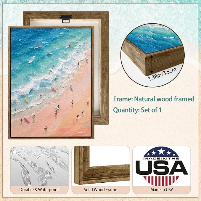 Framed Pastel Coastal Surfers Canvas Wall Art Aerial View of Vibrant Beach - Image 4