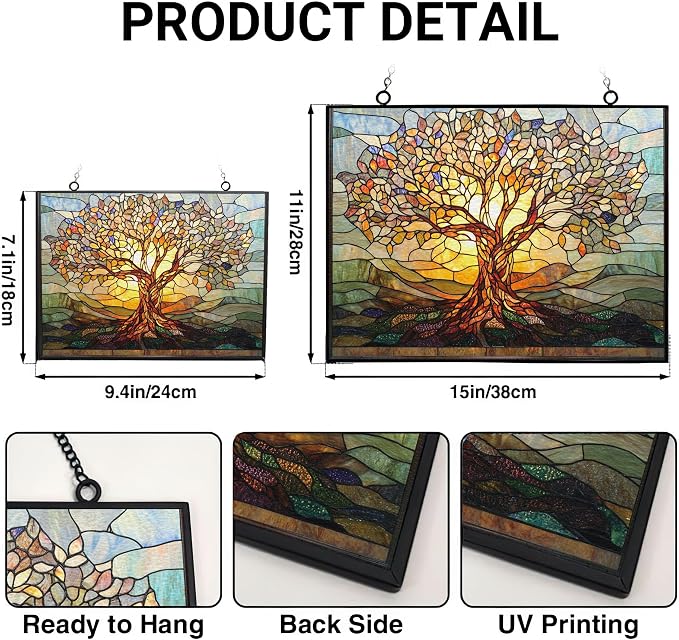 Retangle Art Nouveau Tree of Life Stained Glass Window Hanging Window - Image 3
