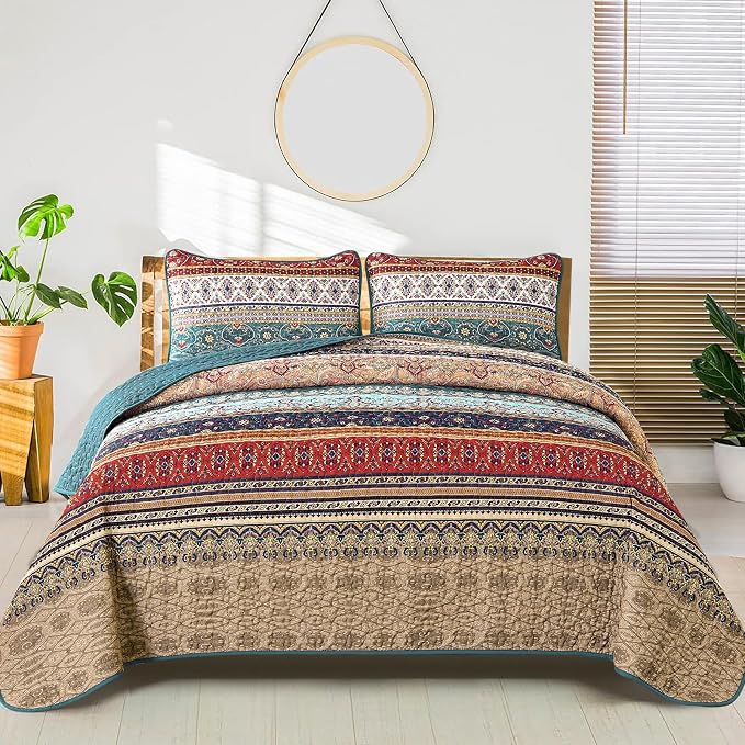 WONGS BEDDING Boho Queen Quilt Set, Lightweight Microfiber Bed Decor Bedspread by WONGSBEDDING