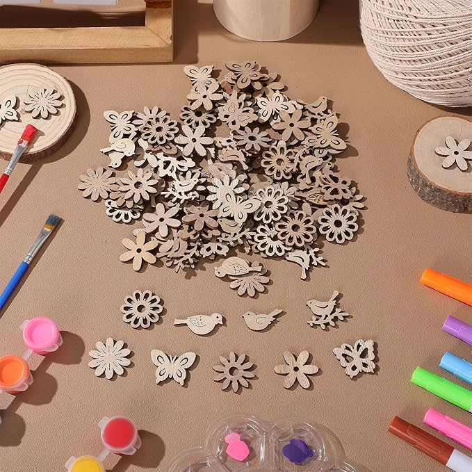Amosfun 100PCS Wooden Cutouts for Crafts, Unfinished Wood Flowers Bird and - Image 9