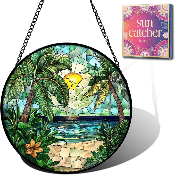 Sunset Beach Acrylic Suncatcher Faux Stained Glass Window Hanging 9.8" | by Unknown