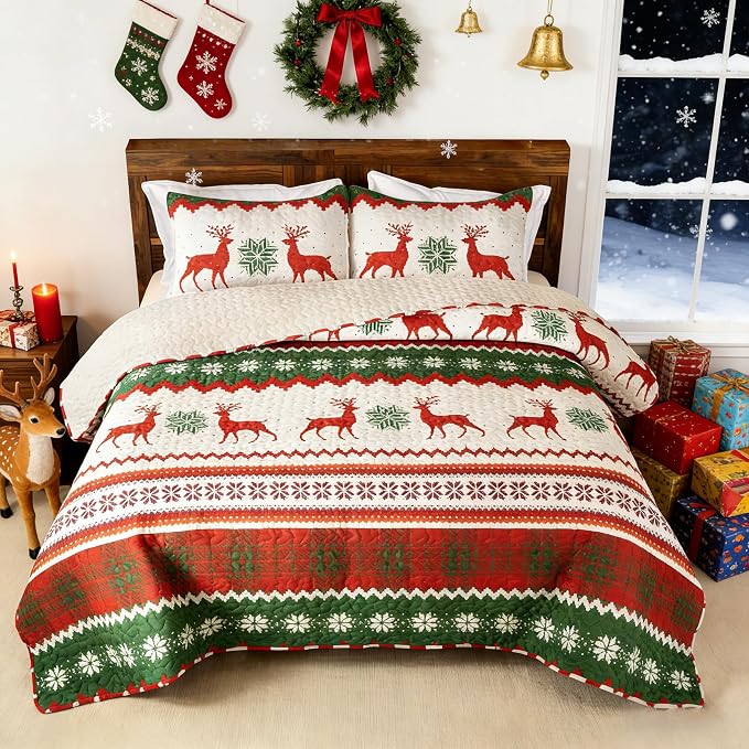 Whale Flotilla Christmas Quilt Twin Size, Soft Boho Floral Bedspreads by WHALEFLOTILLA