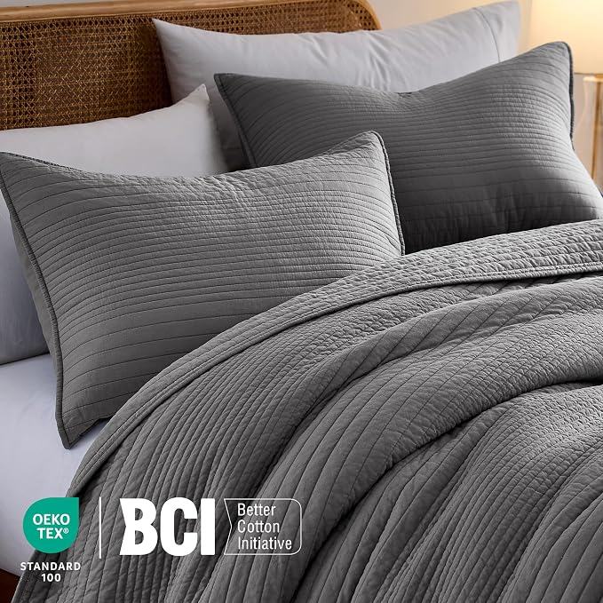 palassio Striped Dark Grey 100% Cotton Quilt Queen Size Bedding Sets, - Image 3
