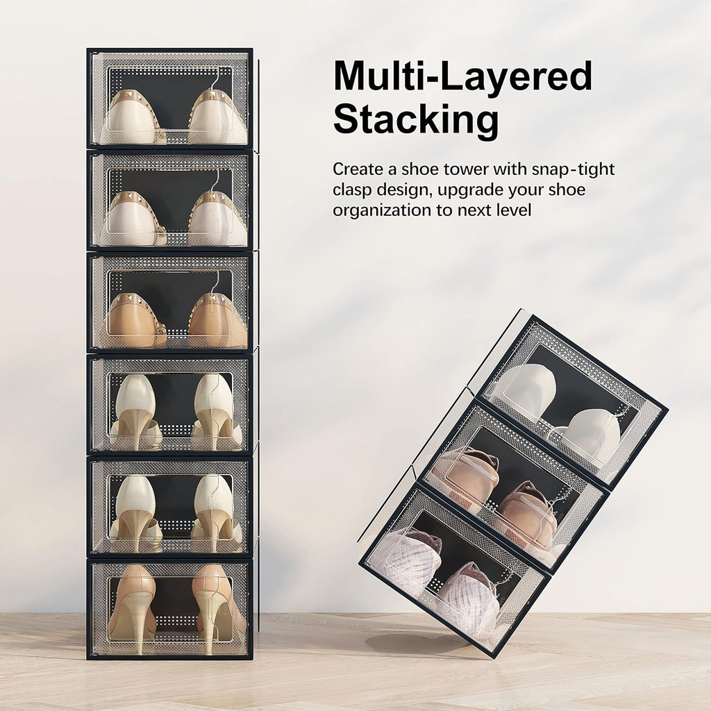 SEE SPRING 12 Pack Shoe Storage Box, Clear Plastic Stackable Shoe Organizer for Closet, Space Saving Shoe Rack for Entryway Sneaker Container Bin Holder (Black)