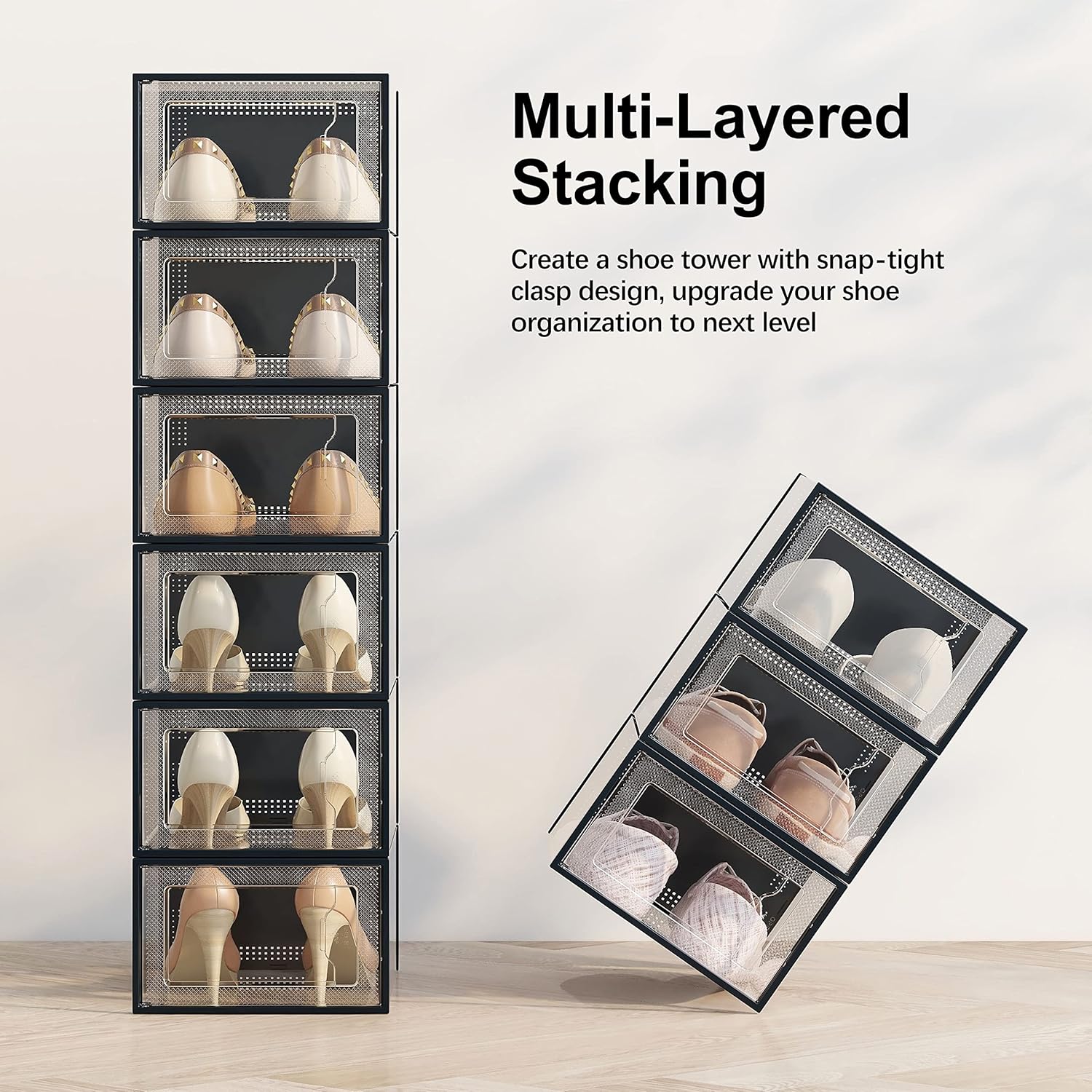 SEE SPRING 12 Pack Shoe Storage Box, Clear Plastic Stackable Shoe Organizer for Closet, Space Saving Shoe Rack for Entryway Sneaker Container Bin Holder (Black)