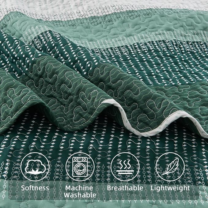 Andency Emerald Green Quilt Queen, 3 Pieces Patchwork Striped Bedspread - Image 5