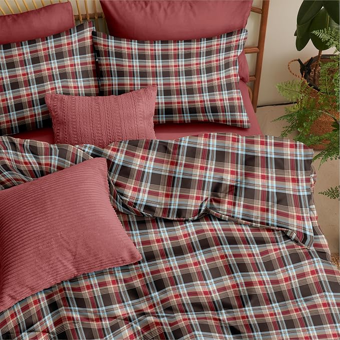 Nayoroom Plaid Duvet Cover Queen Size Vintage Red Brown Gingham Checkered by Nayoroom