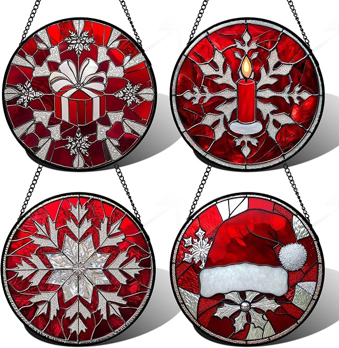 DASTOLL Stained Glass Window Hanging 4 Pcs Set Red Christmas Decorations Theme by DASTOLL