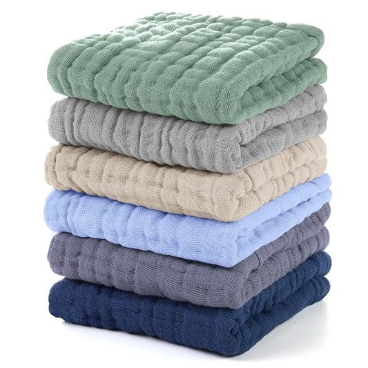 Muslin Baby Washcloths 6 Pack, 100% Cotton Wash Cloths for Babies, Large 12''X12'' Burp Cloths Absorbent and Soft for Newborn Infants Kids Boys Girls - Multicolor