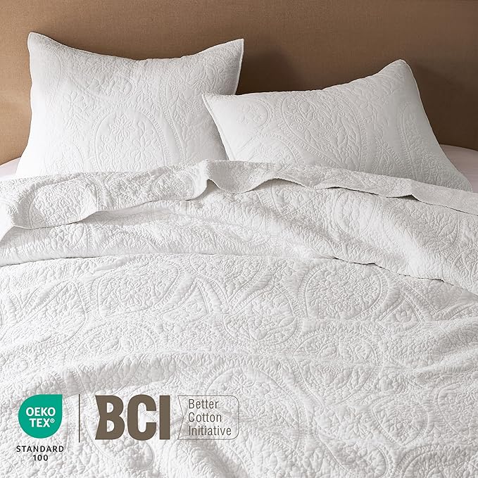 PALASSIO White Paisley 100% Cotton Quilt California Cal King Size Bedding Sets - Image 3