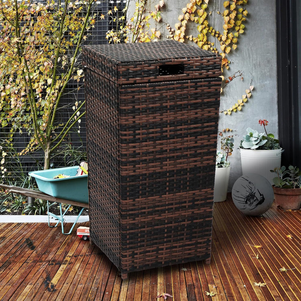 VINGLI Wicker Patio Trash Can, 27 Gallon Rattan Trash Can with Removable Lid, Outdoor Wicker Waste Basket, Wast Container (Brown)