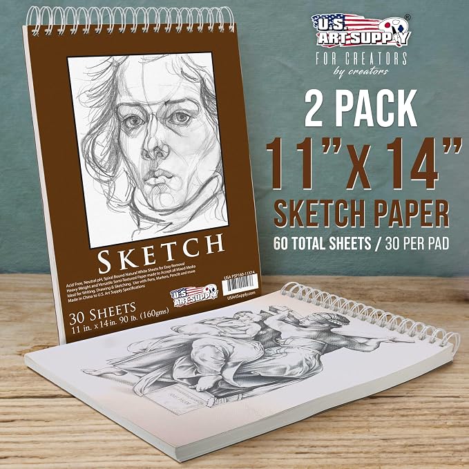U.S. Art Supply 11”x14 Premium Heavy-Weight Paper Spiral Bound Sketch Book: 90 - Image 2