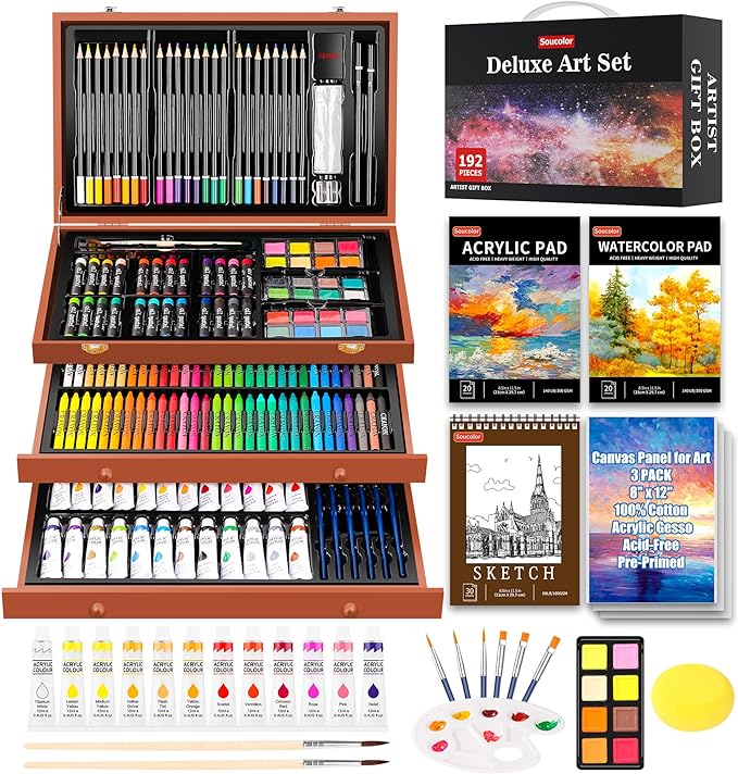 Soucolor 192-Pack Deluxe Art Set, Drawing Painting Kit, Wooden Case Gift | by Soucolor