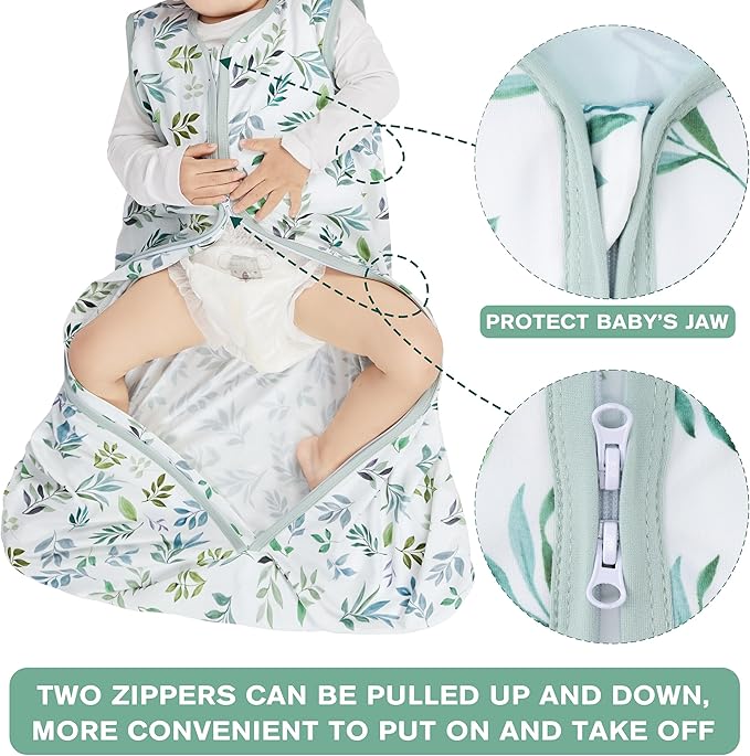 3 Pack Baby Sleep Sack 12-18 Months 100% Rayon Cotton Baby Sleeping Bag 2-Way Zipper Toddler Wearable Blankets Comfy Stretchy TOG 0.3 Lightweight（Banana&leaf&green）