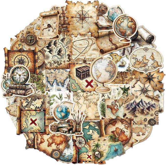 PRSTINCOL 100Pcs Vintage Sticker Pack, Cute Map Design Scrapbook Supplies by PRSTINCOL