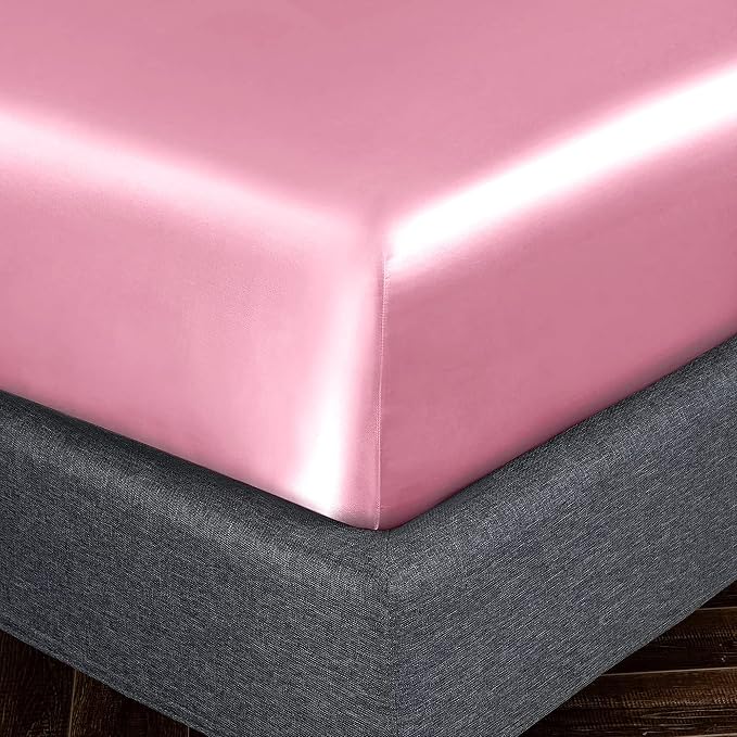 Homiest Pink Satin Fitted Sheet Twin Size, Deep Pocket, Luxury & Ultra Soft - Image 3
