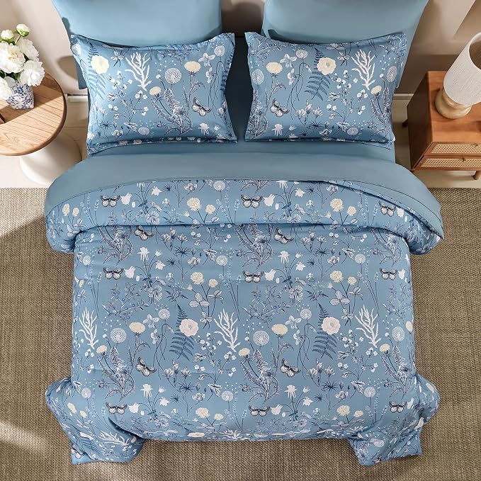 Yiran Blue Comforter Set King Size, 7 Piece Floral Comforter Bedding Set - Image 3
