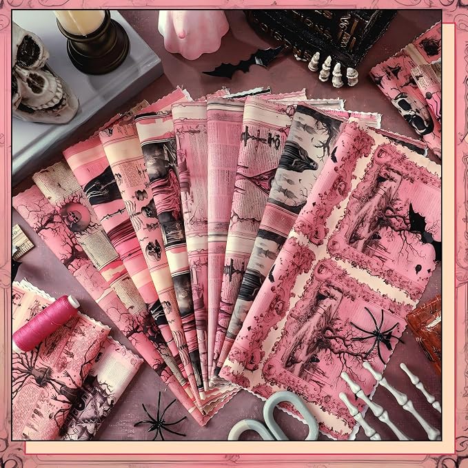 HunnmingRe 20 Pcs 10''x10'' Pink Halloween Quilting Fabric Square Vintage - Image 4