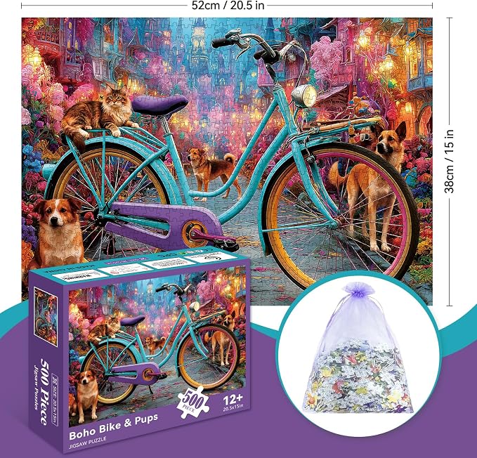 500 Pieces Puzzle for Adults, Puzzles for Adults 500 Pieces, Retro Bicycle Dogs - Image 2