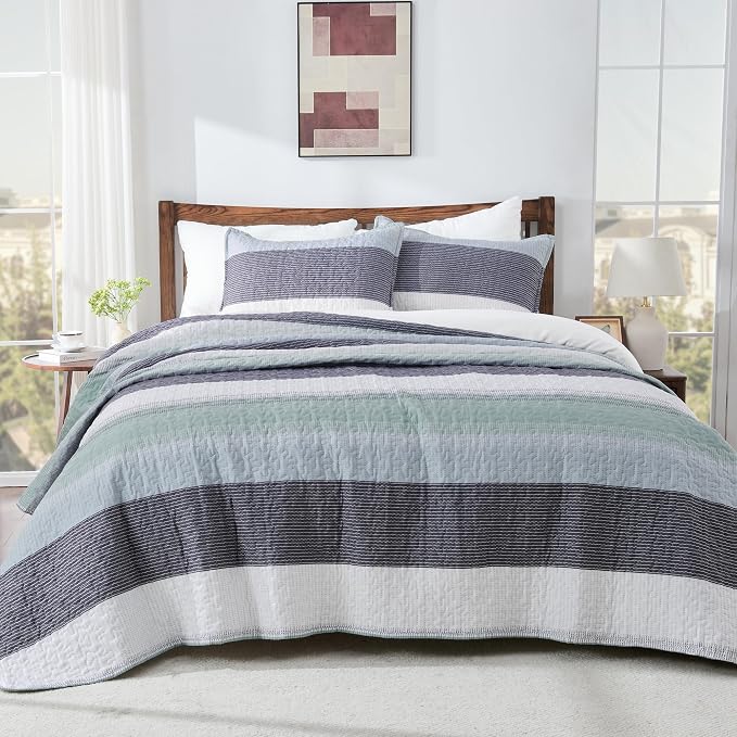 Andency Oversized King Quilt Set Sage Green, 120x120 Stripe Super King - Image 8