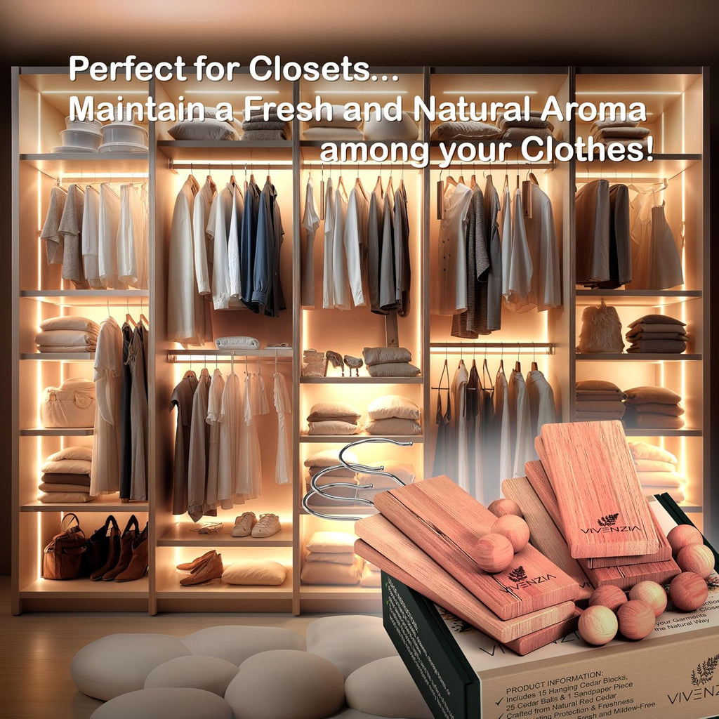 Cedar Blocks for Clothes Storage -40 pcs (15 Hang-ups & 25 Balls)- Cedar Balls for Clothes Storage, Natural Closet Smell Eliminator, Natural Closet Deodorizer, Drawer Fresheners for Dresser.