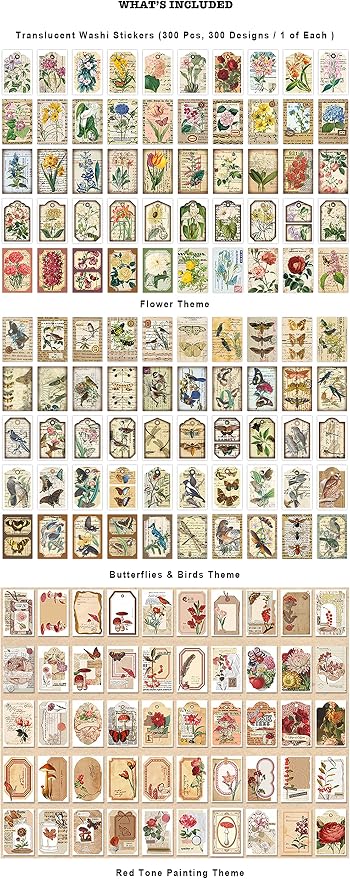 PRSTINCOL 300 Pcs Scrapbook Washi Stickers, Vintage Flower Butterfly Botanical - Image 2