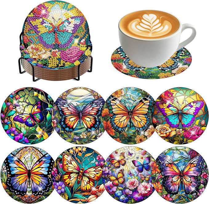 8 Pack Diamond Art Coasters, Butterfly Diamond Painting Coasters Kits | by Zythron