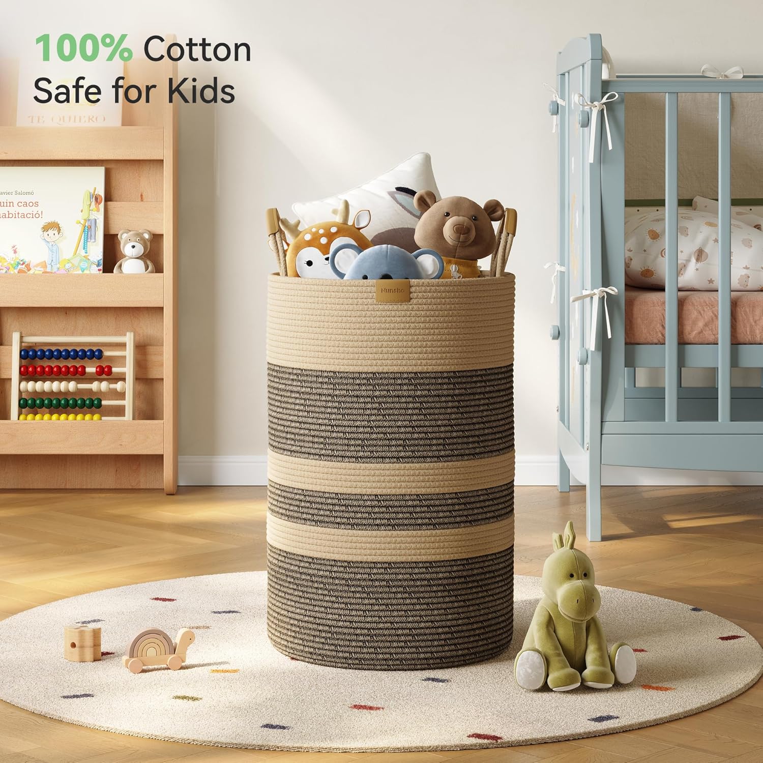 75L Striped Laundry Hamper with Leather Handles,Large Foldable Laundry Basket for Clothes,Cotton Rope Storage Bin for Blankets,Woven Clothes Basket for Bedroom,Dark Brown Stripes