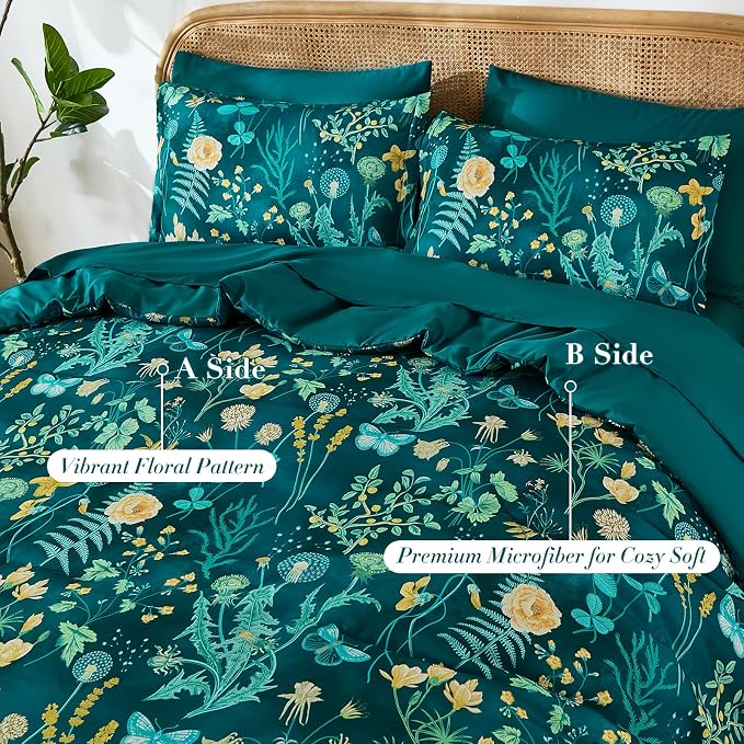 Yiran King Size Comforter Set 7 Piece, Teal Green Floral Bedding Set, - Image 2