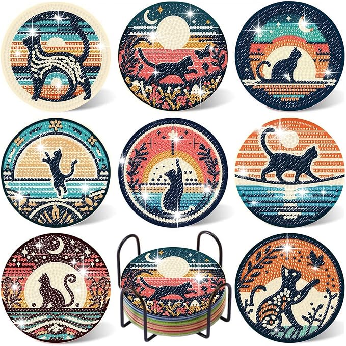 8PCS Diamond Art Coasters Kit, Cat Diamond Painting Coasters by Gemozaic