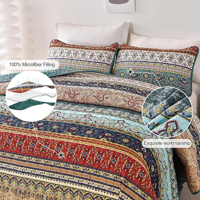 WONGS BEDDING Boho King Quilt Set, Lightweight Microfiber Bed Decor Bedspread - Image 5