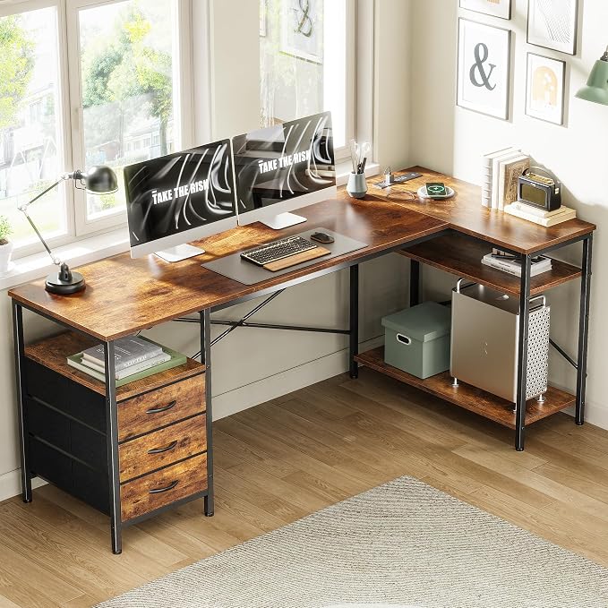 Huuger L Shaped Desk with Power Outlets, 63 Inch Reversible Computer Desk with - Image 2