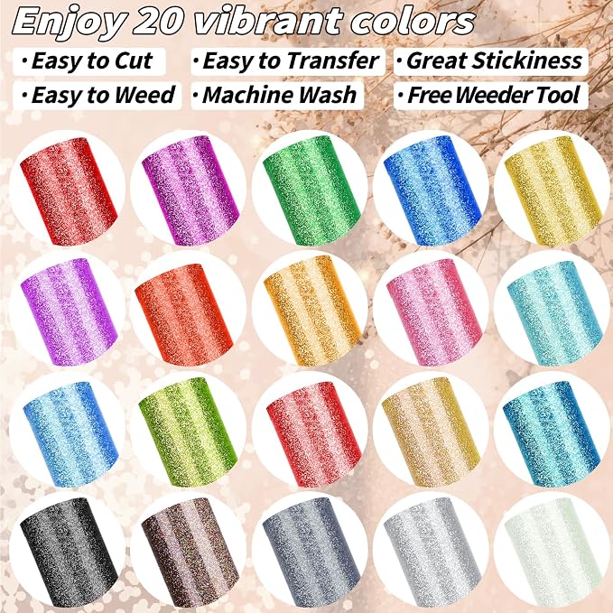 20 Pack Glitter HTV Vinyl 12" x 5FT Heat Transfer Iron On Vinyl Bundle | 20 - Image 2