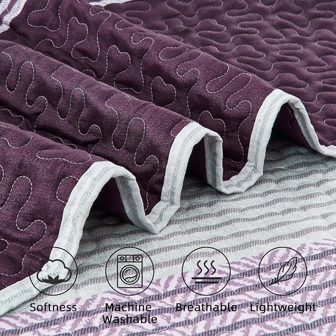 Andency Stripe Quilt Set Cal King, 3 Pieces Purple and Grey Striped Bedspread - Image 5