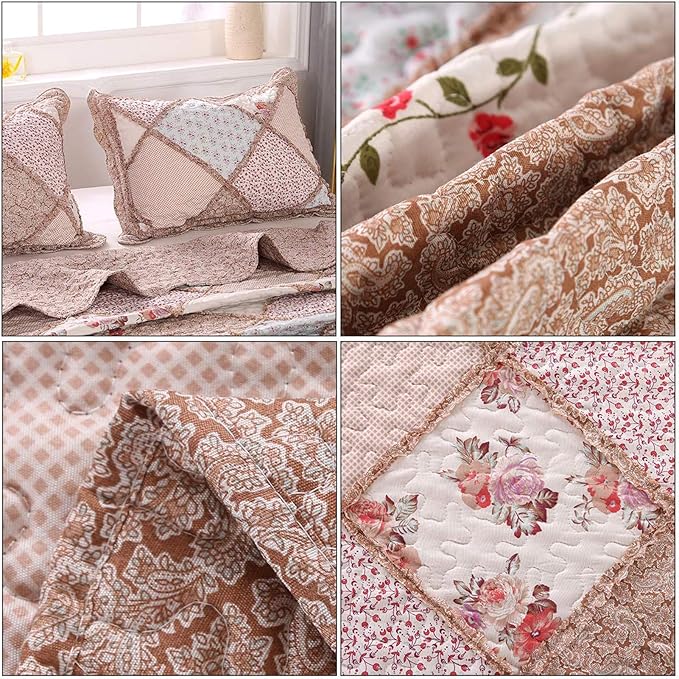 VIVILINEN Queen Size Quilt Set 3-Piece Light Pink Floral Patchwork Reversible - Image 7