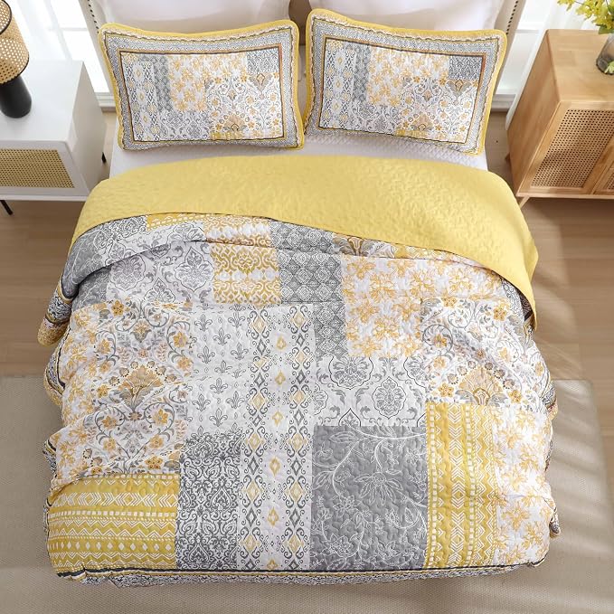 WONGS BEDDING Yellow Quilt Set Full, Bohemian Patchwork Bedspread Coverlet Set - Image 4