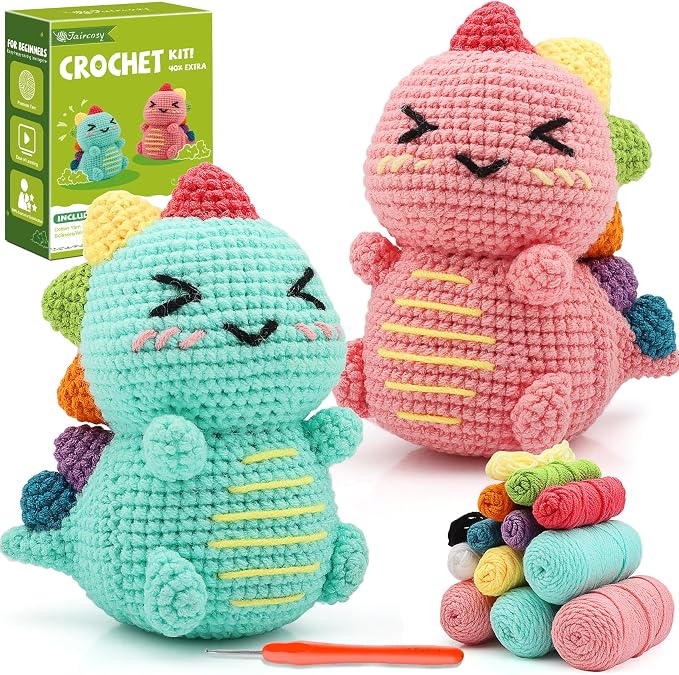 Faircosy Dinosaur Crochet Kit for Beginners: 2PCS Crochet Animal Kits for Adults by Faircosy